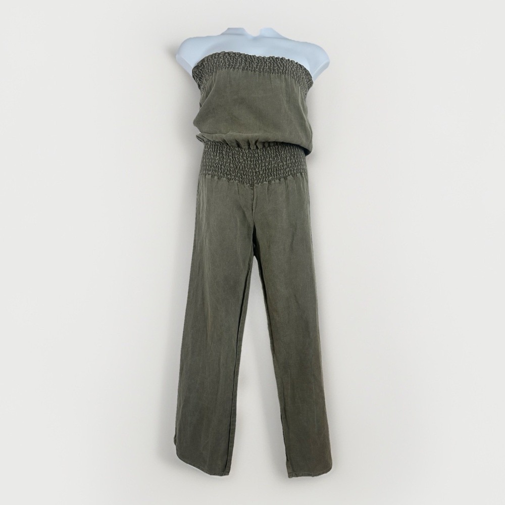 Young Fabulous & Broke Strapless Green Linen Wide Leg Jumpsuit Sz: M